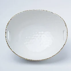 Antique Off White Ceramic Round Serving Dish ( Both Side Handle ) - 21 x 17 x 9CM