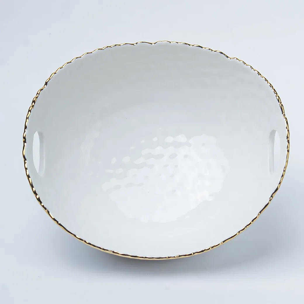 Antique Off White Ceramic Round Serving Dish ( Both Side Handle ) - 21 x 17 x 9CM
