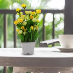 Artificial Plant with White Pot, Rose Flower Arrangement, Yellow, Plastic Plant