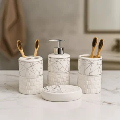 Bathroom Accessory Set (White with Grey, Ceramic – 4 Pc)