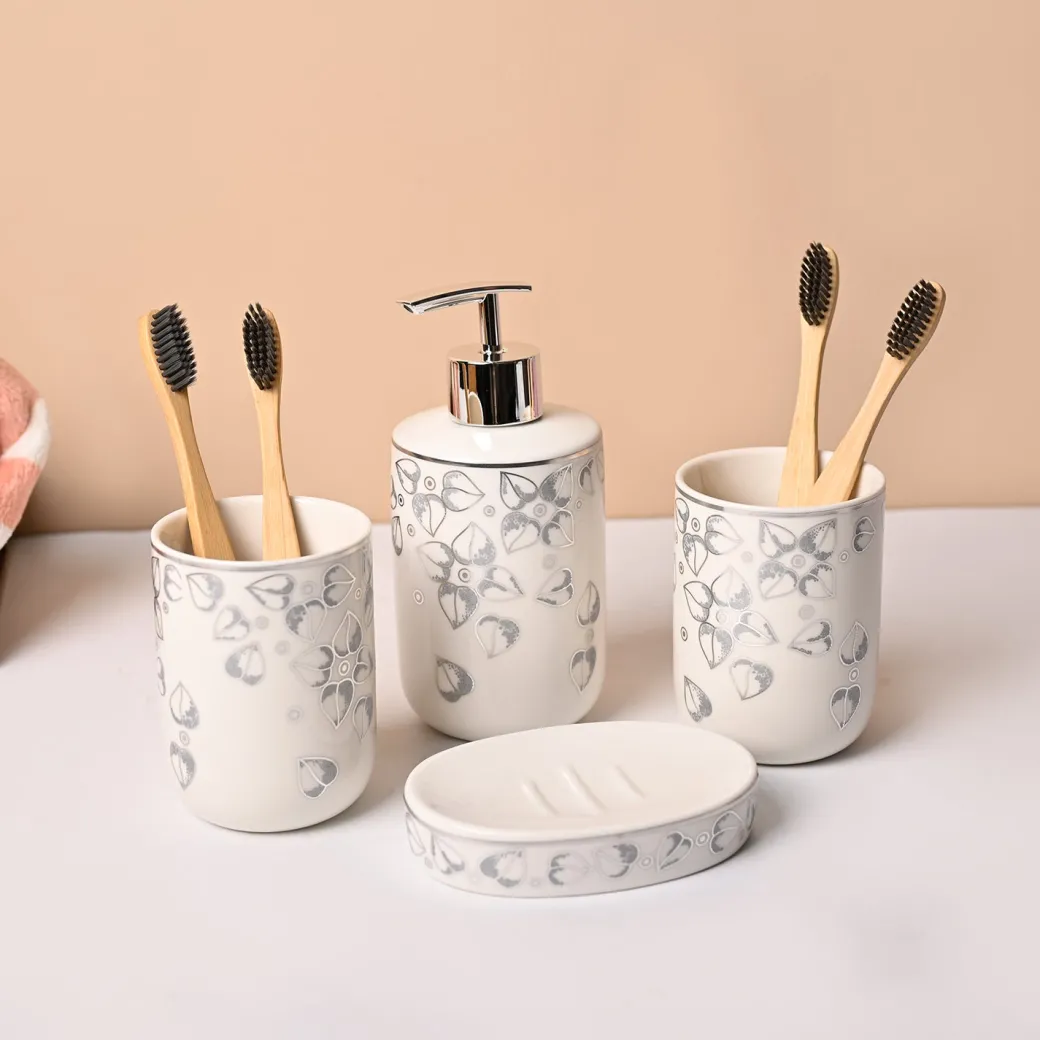 Bathroom Set (Set of 4) – White & Grey Ceramic (Leaf Design)