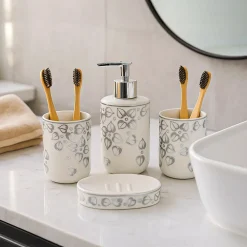 Bathroom Set (Set of 4) – White & Grey Ceramic (Leaf Design)