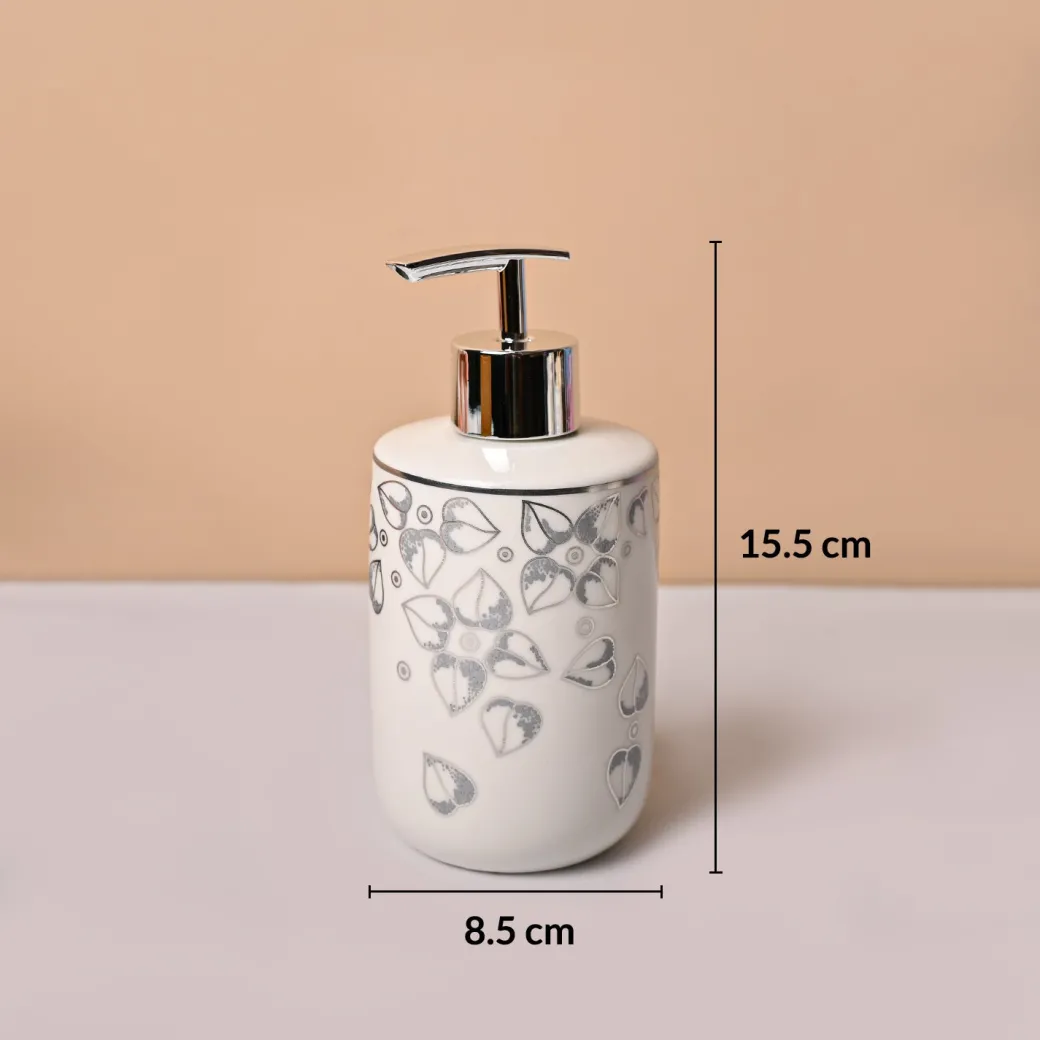 Bathroom Set (Set of 4) – White & Grey Ceramic (Leaf Design)