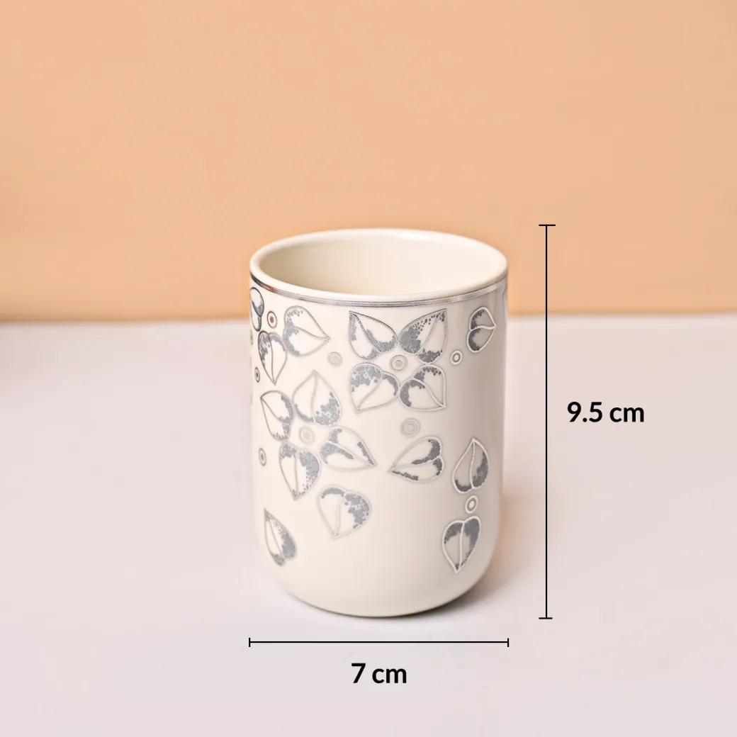 Bathroom Set (Set of 4) – White & Grey Ceramic (Leaf Design)