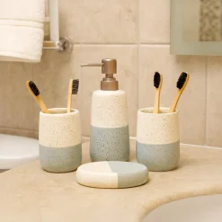Bathroom Set (Set of 4) – White & Blue Ceramic