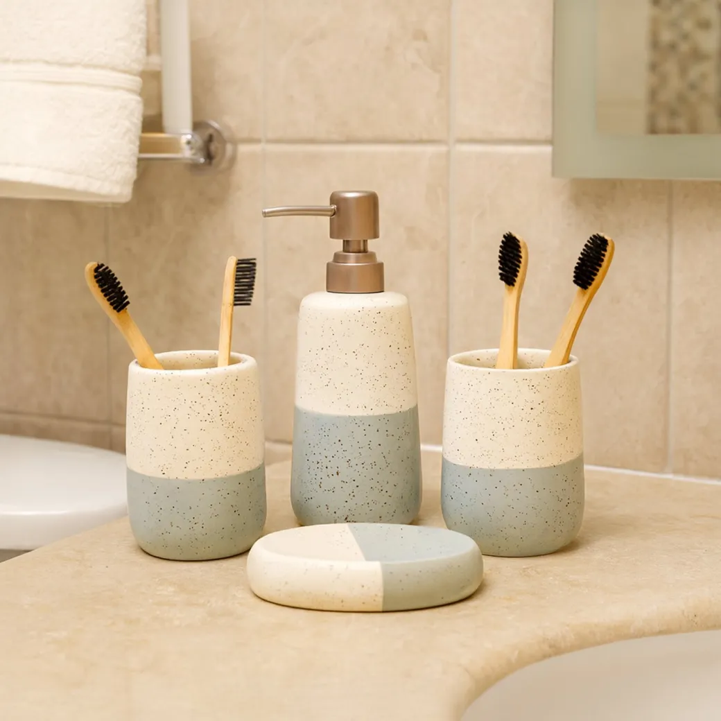 Bathroom Set (Set of 4) – White & Blue Ceramic