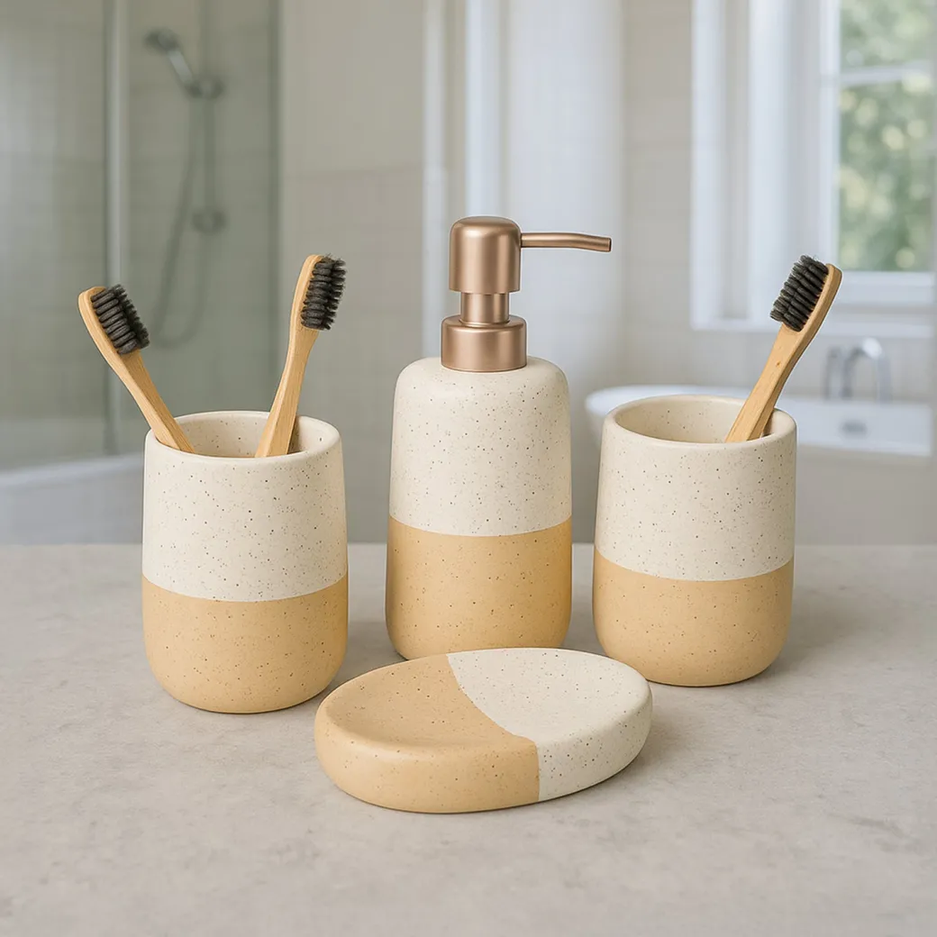 Bathroom Set (Set of 4) – White & Cream Ceramic