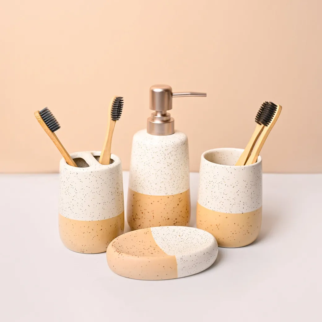 Bathroom Set (Set of 4) – White & Cream Ceramic