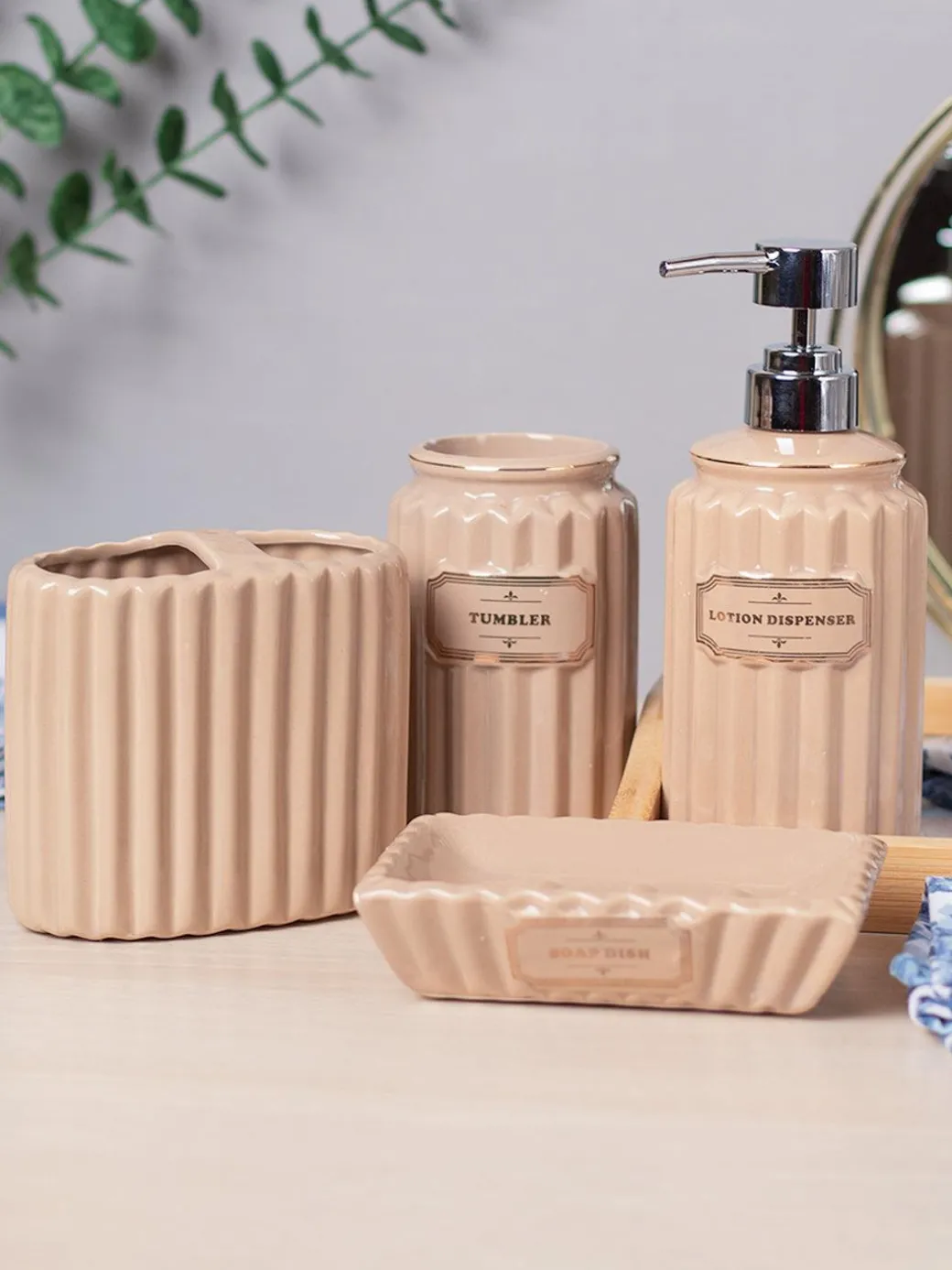 Beige Ceramic Bathroom Set Of 4 - Ribbed Design, Bath Accessories