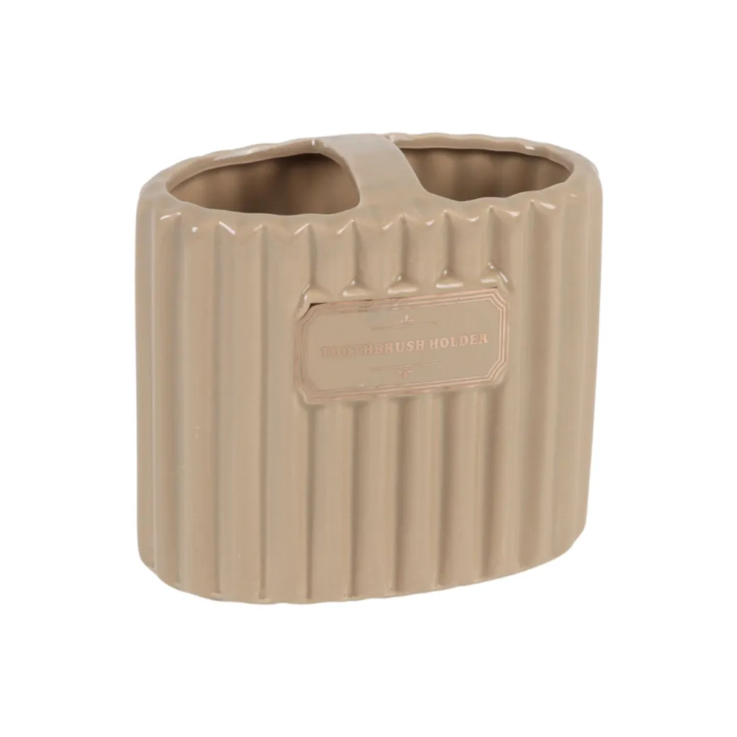 Beige Ceramic Bathroom Set Of 4 - Ribbed Design, Bath Accessories