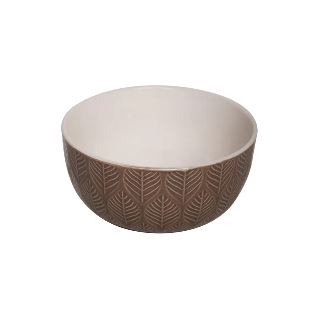 Beige Ceramic Bowl - 580Ml, Leaf Pattern
