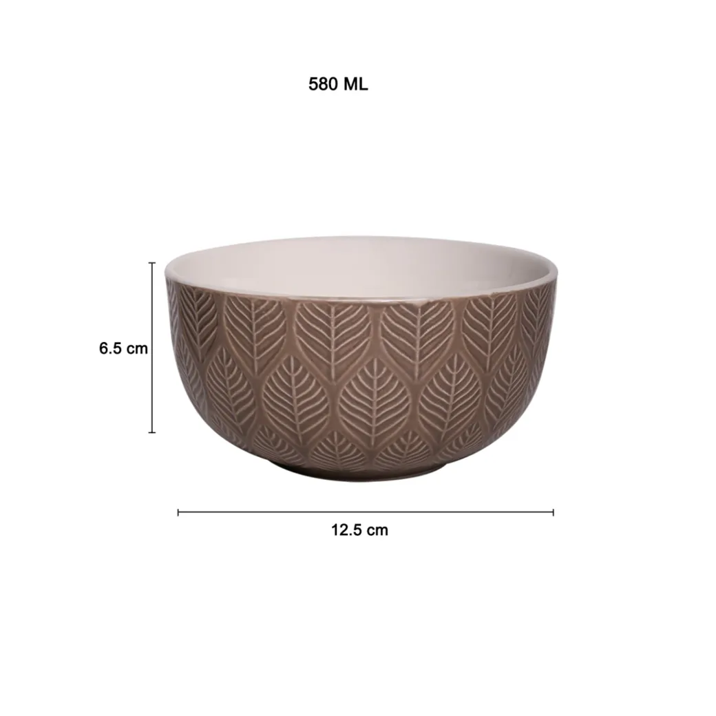 Beige Ceramic Bowl - 580Ml, Leaf Pattern