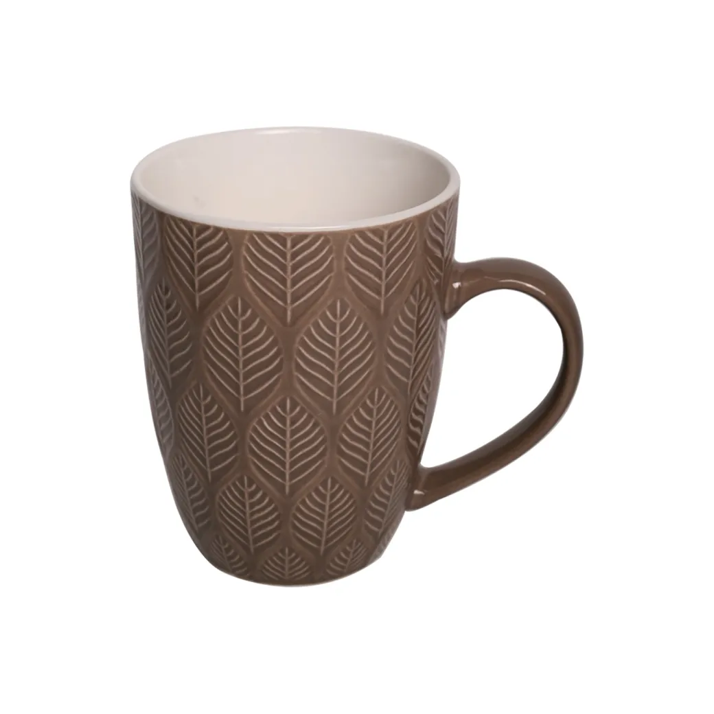 Beige Ceramic Mug - 360Ml, Leaf Pattern