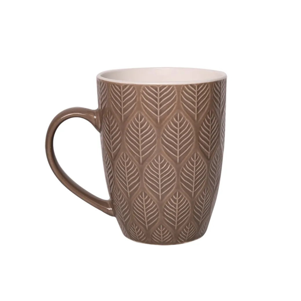 Beige Ceramic Mug - 360Ml, Leaf Pattern