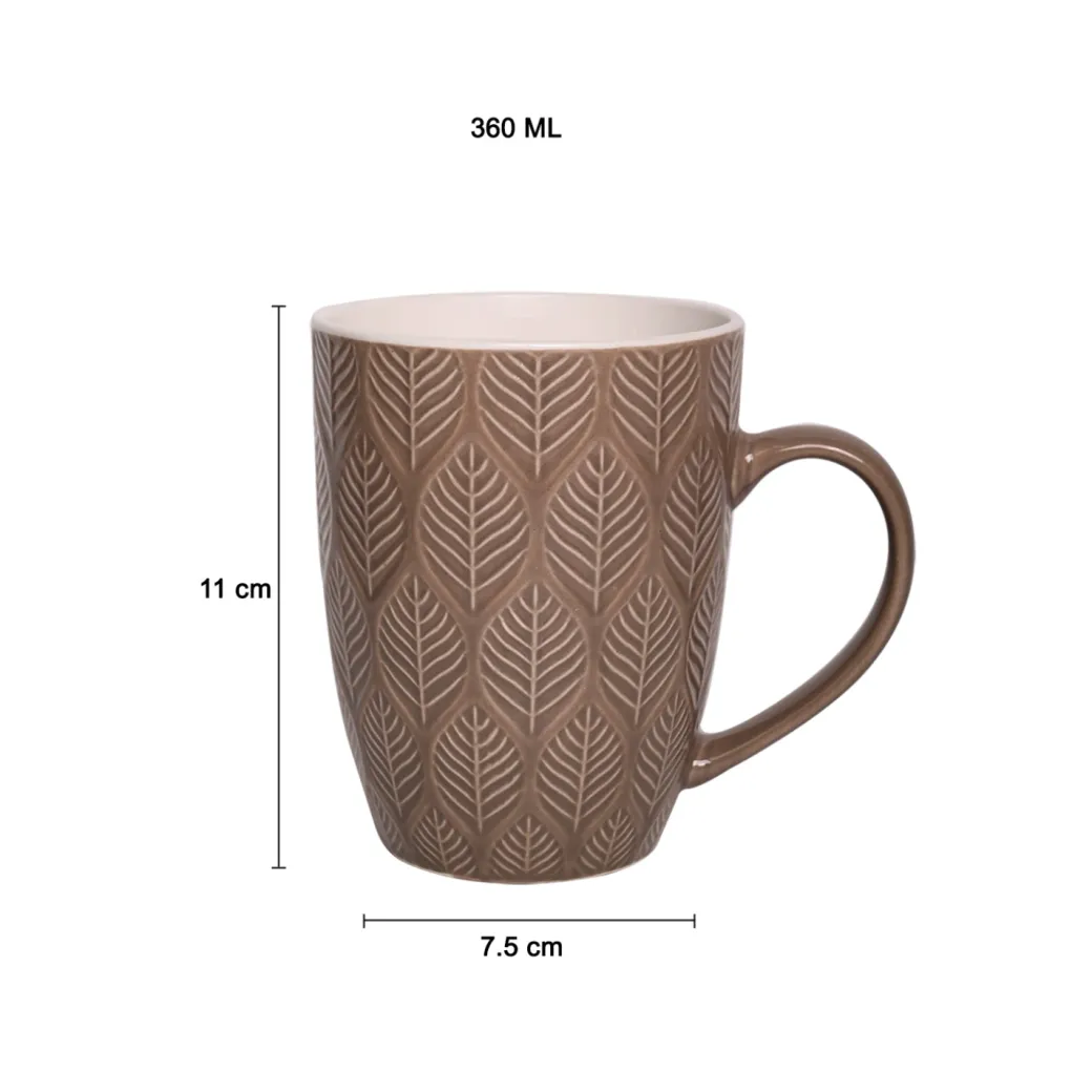 Beige Ceramic Mug - 360Ml, Leaf Pattern