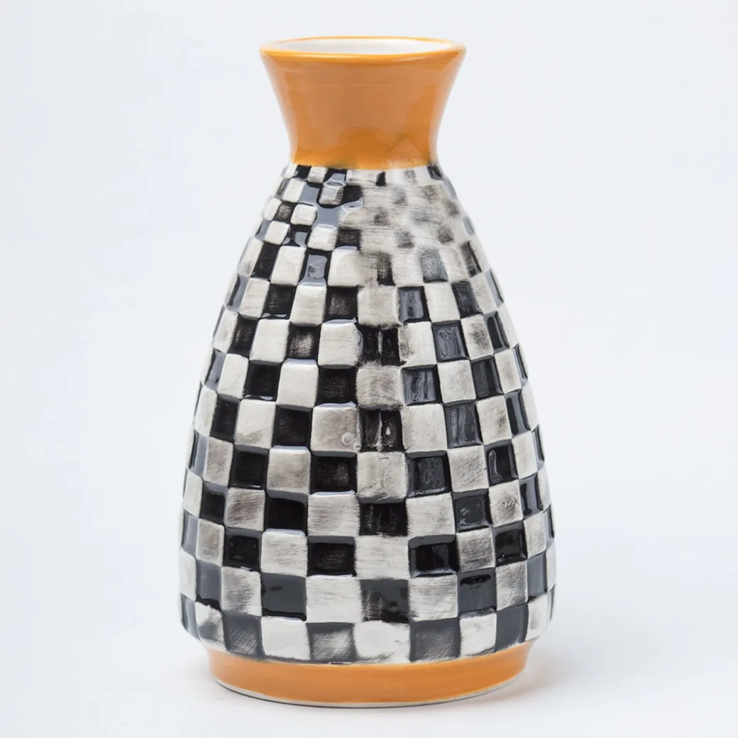 Black & White Ceramic Curvy Vase - Checks, Flower Holder