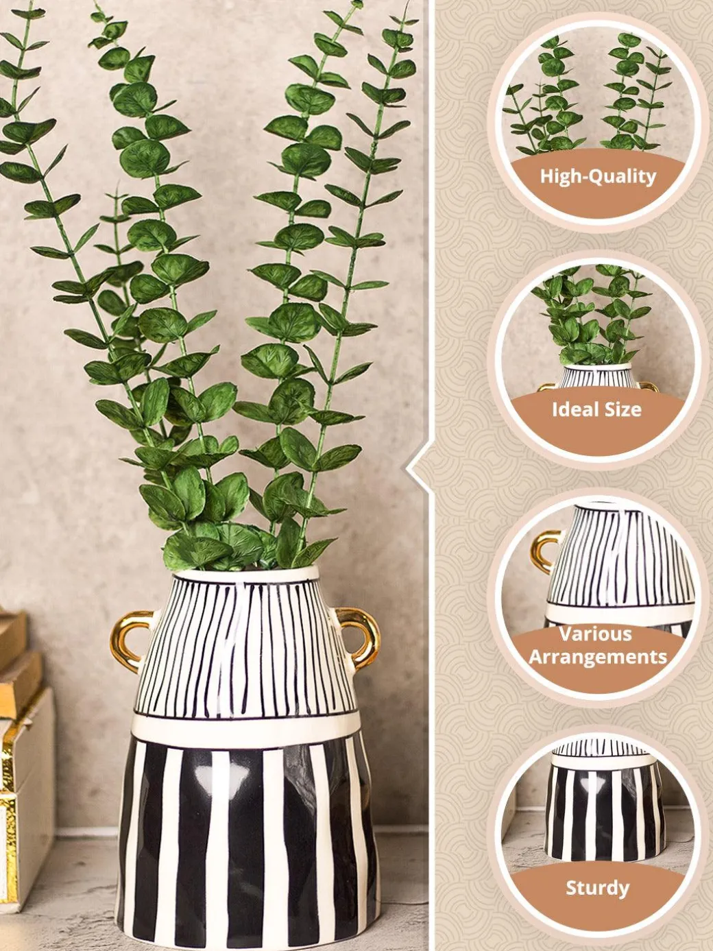 Black & White Ceramic Vase - Ribbed Design, Flower Holder