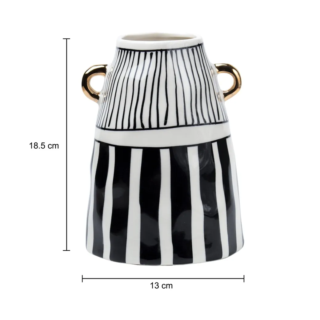 Black & White Ceramic Vase - Ribbed Design, Flower Holder