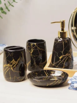 Black Ceramic Bathroom Set Of 4 - Stone Finish, Bath Accessories