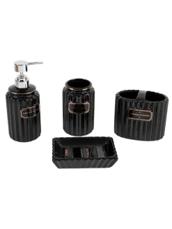 Black Ceramic Bathroom Set Of 4 - Ribbed Design, Bath Accessories