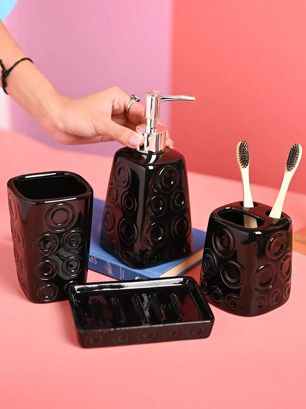 Black Ceramic Soap Dispenser 400 Ml - Set Of 4