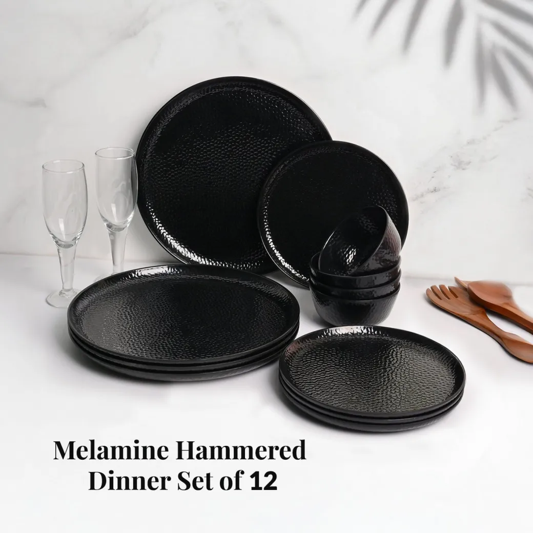 Black Hammered Melamine Dinner Set – 12 Pcs