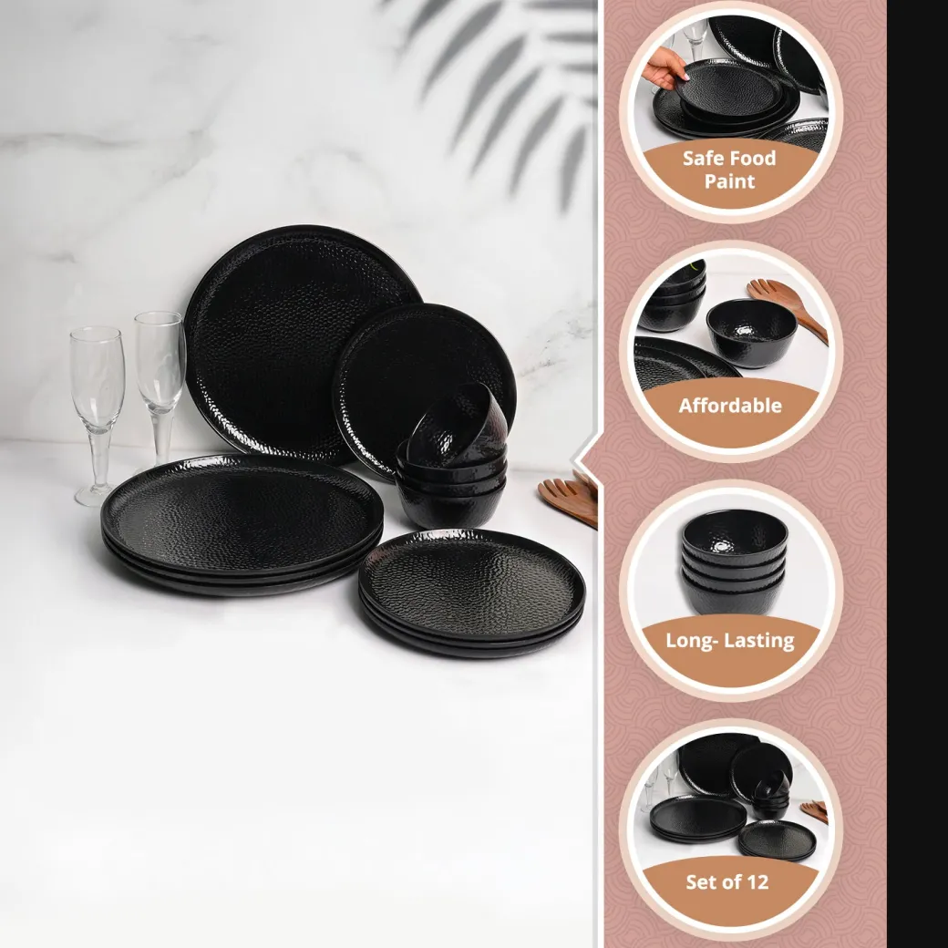 Black Hammered Melamine Dinner Set – 12 Pcs