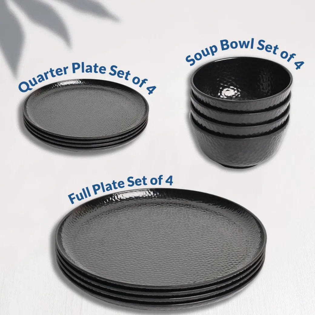 Black Hammered Melamine Dinner Set – 12 Pcs