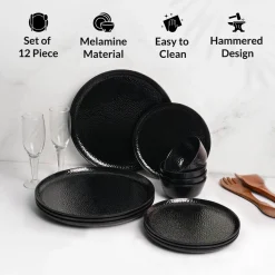 Black Hammered Melamine Dinner Set – 12 Pcs