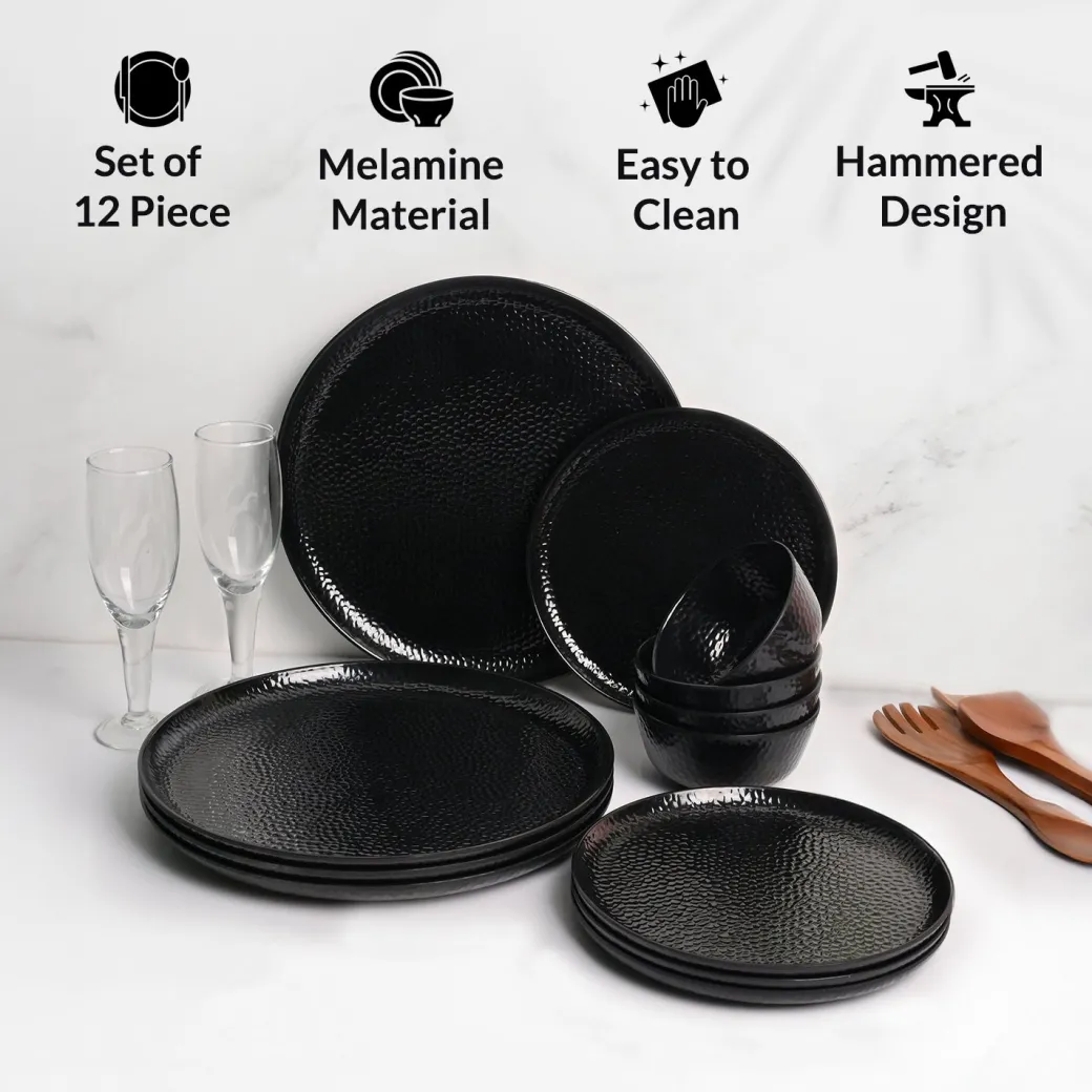 Black Hammered Melamine Dinner Set – 12 Pcs