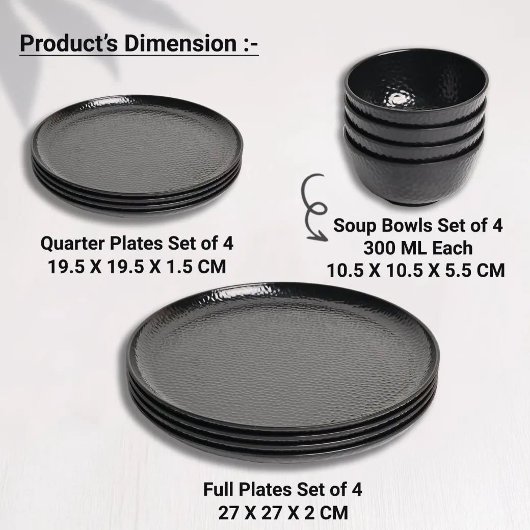 Black Hammered Melamine Dinner Set – 12 Pcs