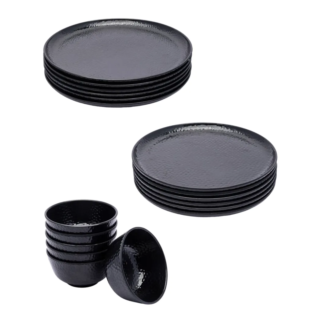 Black Melamine Dinner Set Of 18 Pcs - 6 Full & 6 Quarter Plates + 6 Bowls