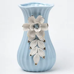 Blue Ceramic Curvy Vase - Engraved Floral Pattern, Flower Holder