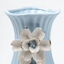 Blue Ceramic Curvy Vase - Engraved Floral Pattern, Flower Holder