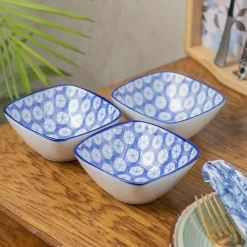 Blue Ceramic Dish, Pack Of 3 - Big Geometric Pattern, Serveware