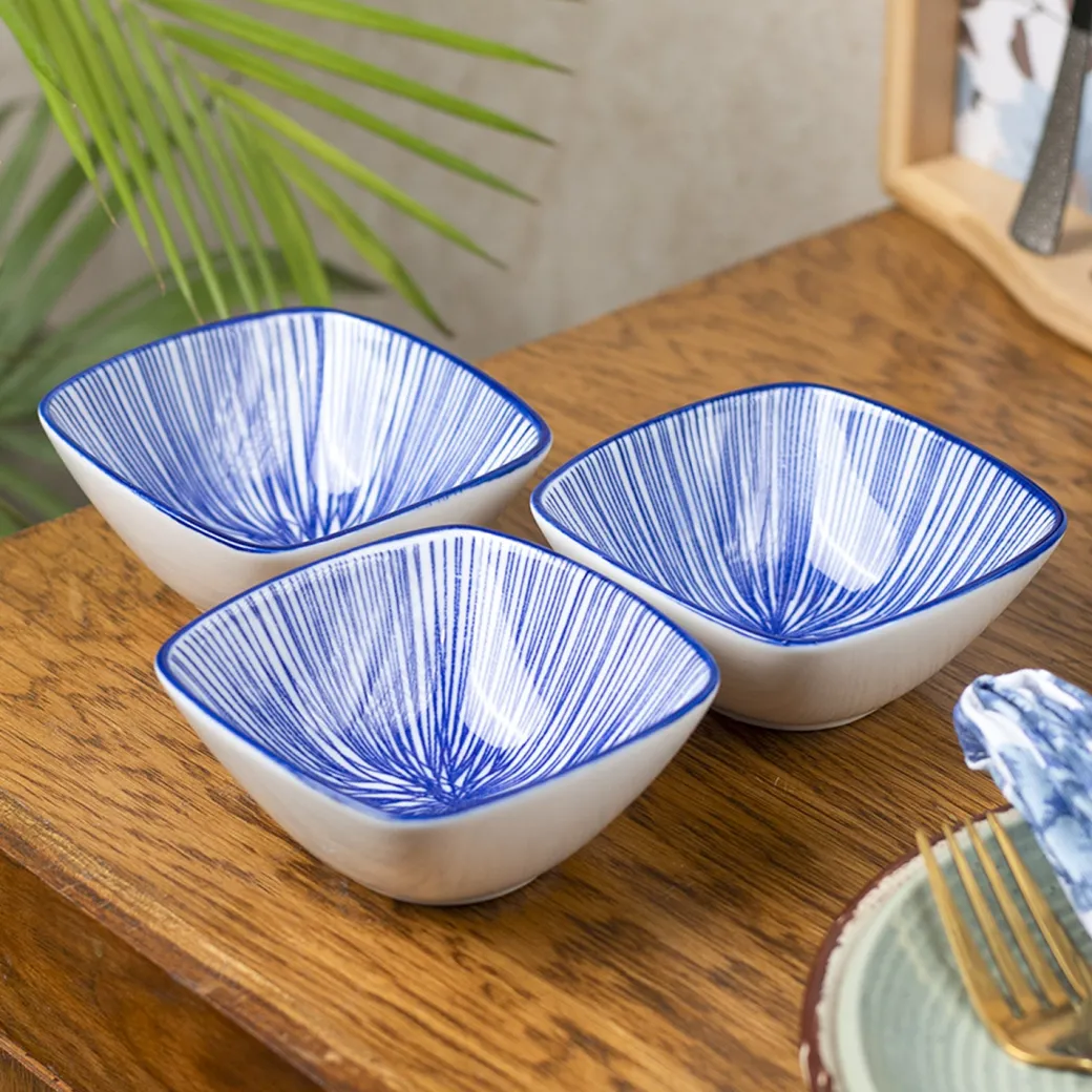 Blue Ceramic Dish, Pack Of 3 - Geometric Pattern, Serveware