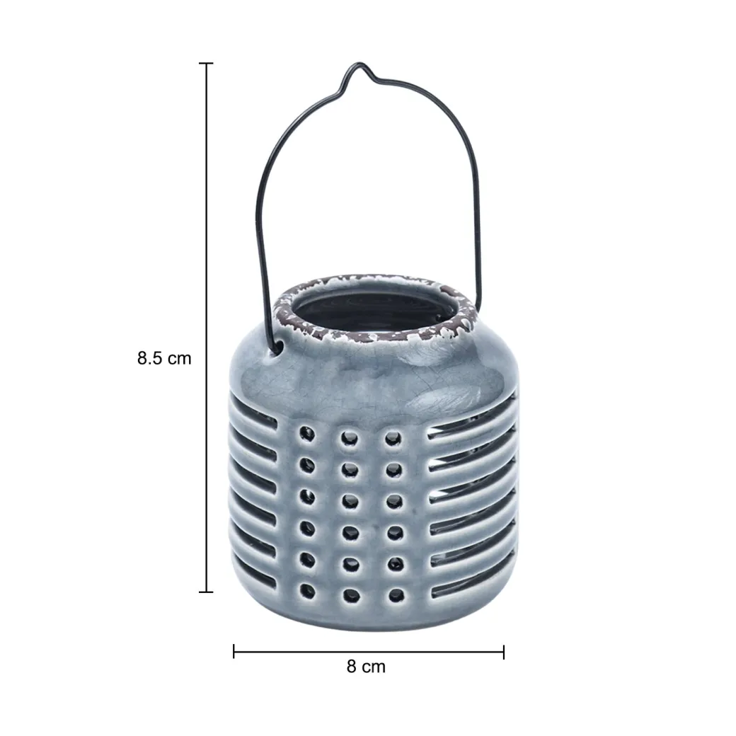 Blue Ceramic T-Lite Holder - Slotted Pattern, Flower Holder