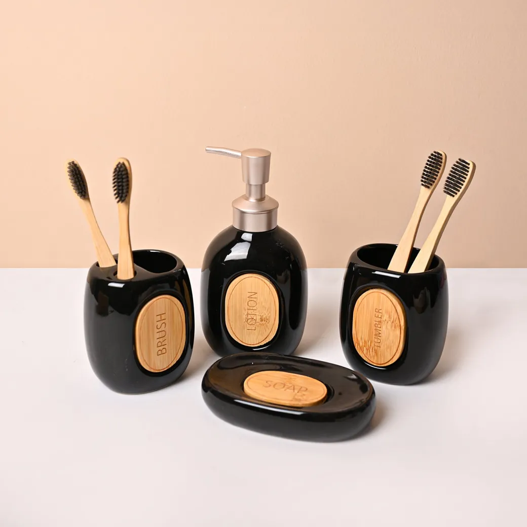 Ceramic Bathroom Set of 4 – Black Classic Glossy Finish