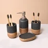 Ceramic Bathroom Set of 4 – Black & Brown Wooden Elegance