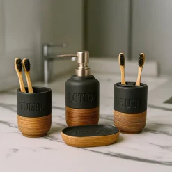 Ceramic Bathroom Set of 4 – Black & Brown Wooden Elegance