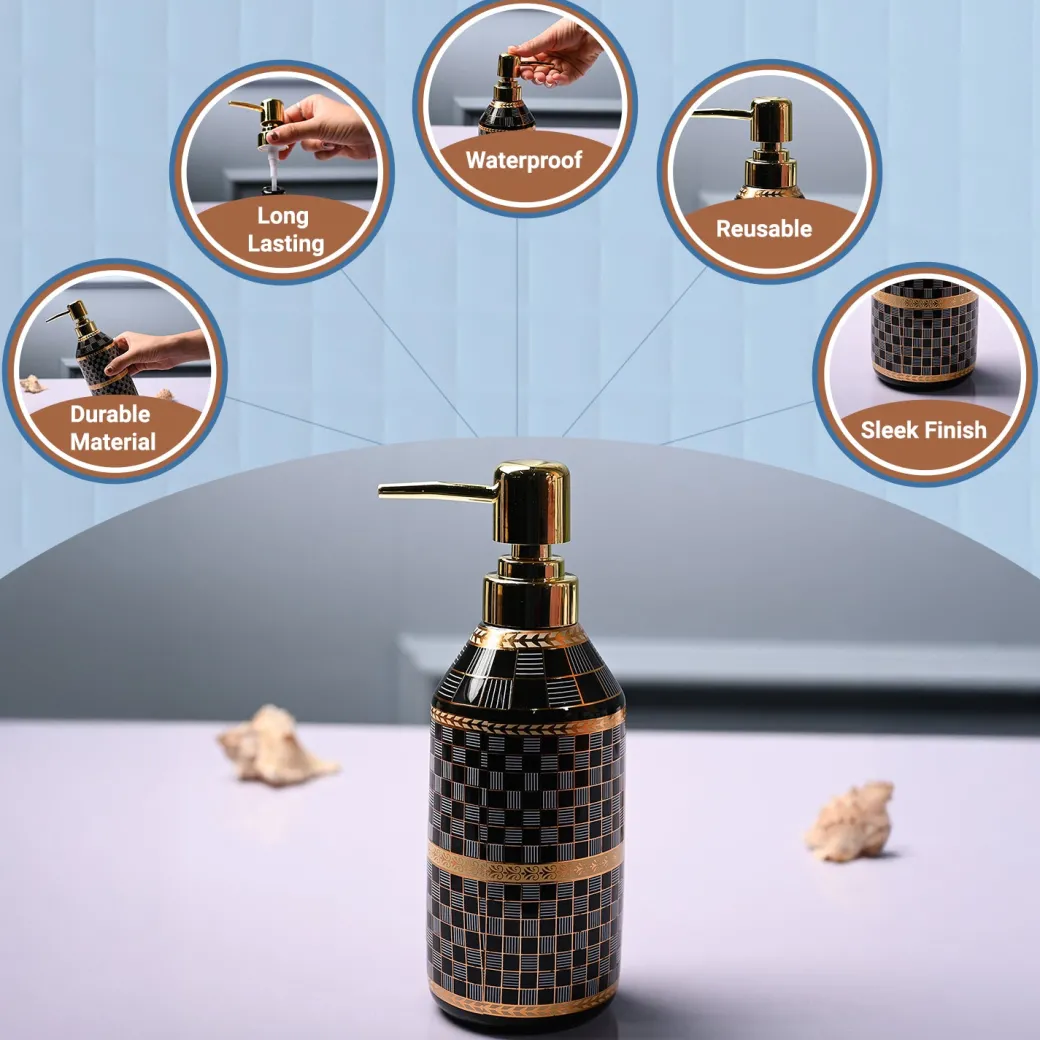 Ceramic Black Cylindrical Soap Dispenser - Geometrical Glossy Finish
