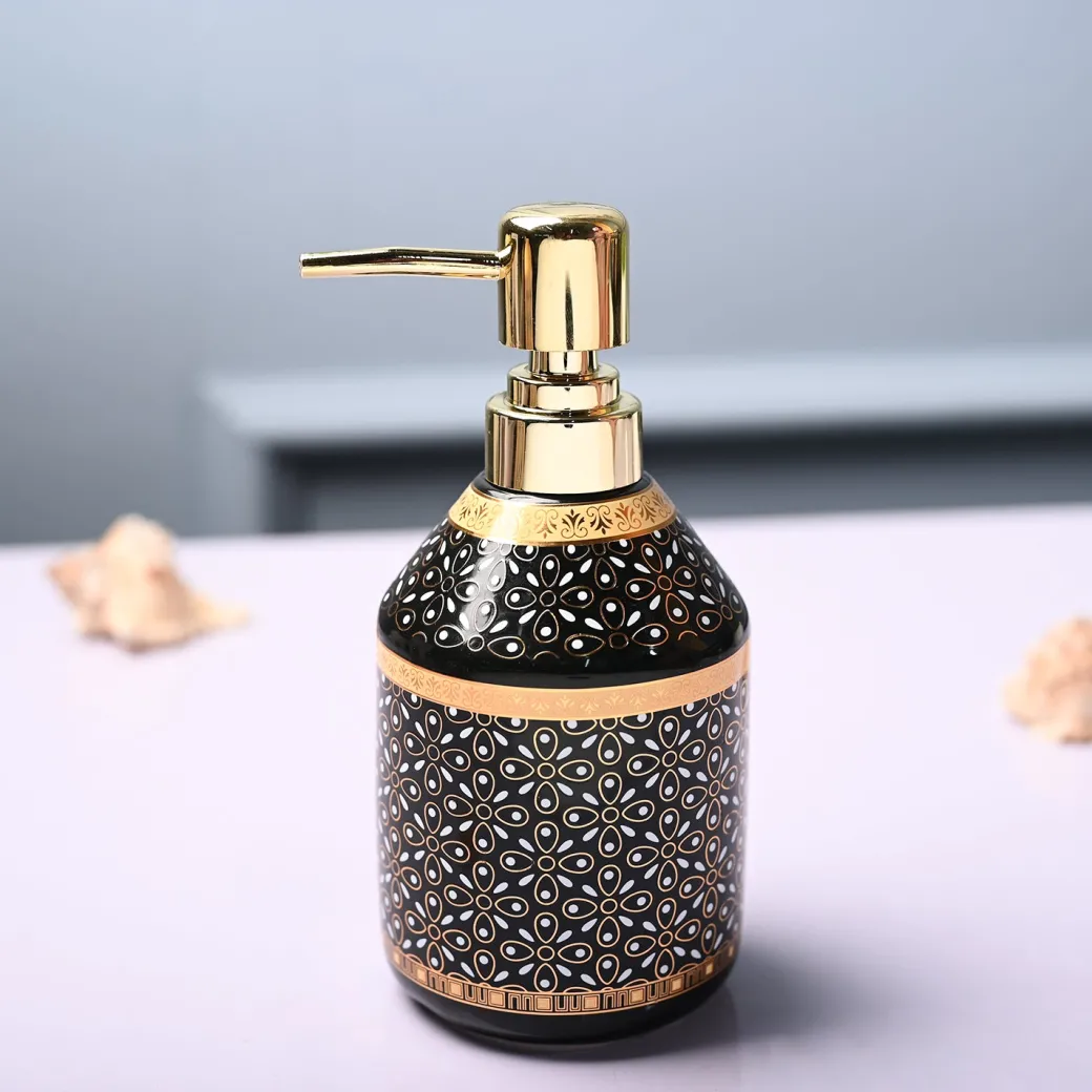 Ceramic Black Cylindrical Soap Dispenser - Dot Design Glossy