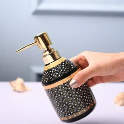 Ceramic Black Cylindrical Soap Dispenser - Dot Design Glossy