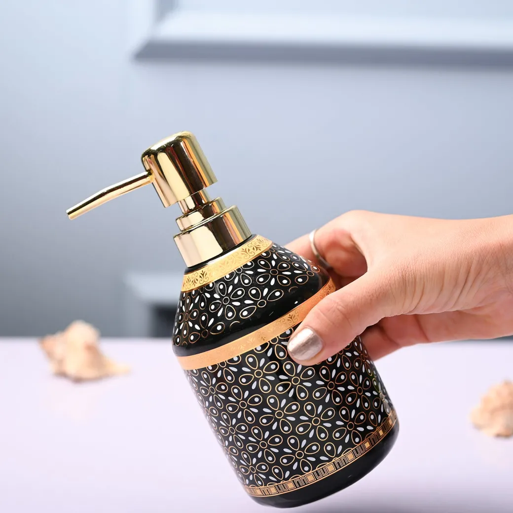 Ceramic Black Cylindrical Soap Dispenser - Dot Design Glossy