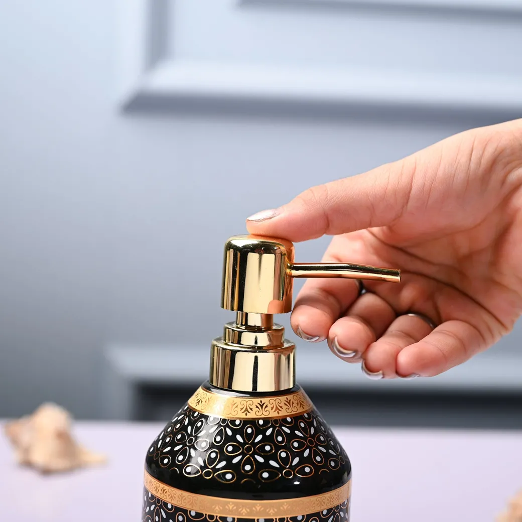 Ceramic Black Cylindrical Soap Dispenser - Dot Design Glossy