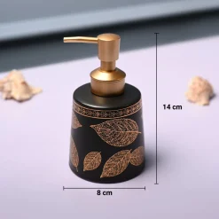 Ceramic Black Cylindrical Soap Dispenser - Leaf Print Matte Finish