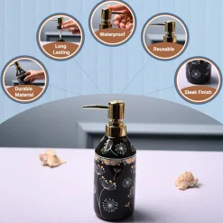 Ceramic Black Cylindrical Soap Dispenser - Flower Design Glossy Finish