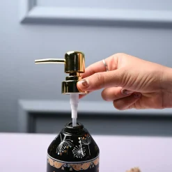 Ceramic Black Cylindrical Soap Dispenser - Flower Design Glossy Finish