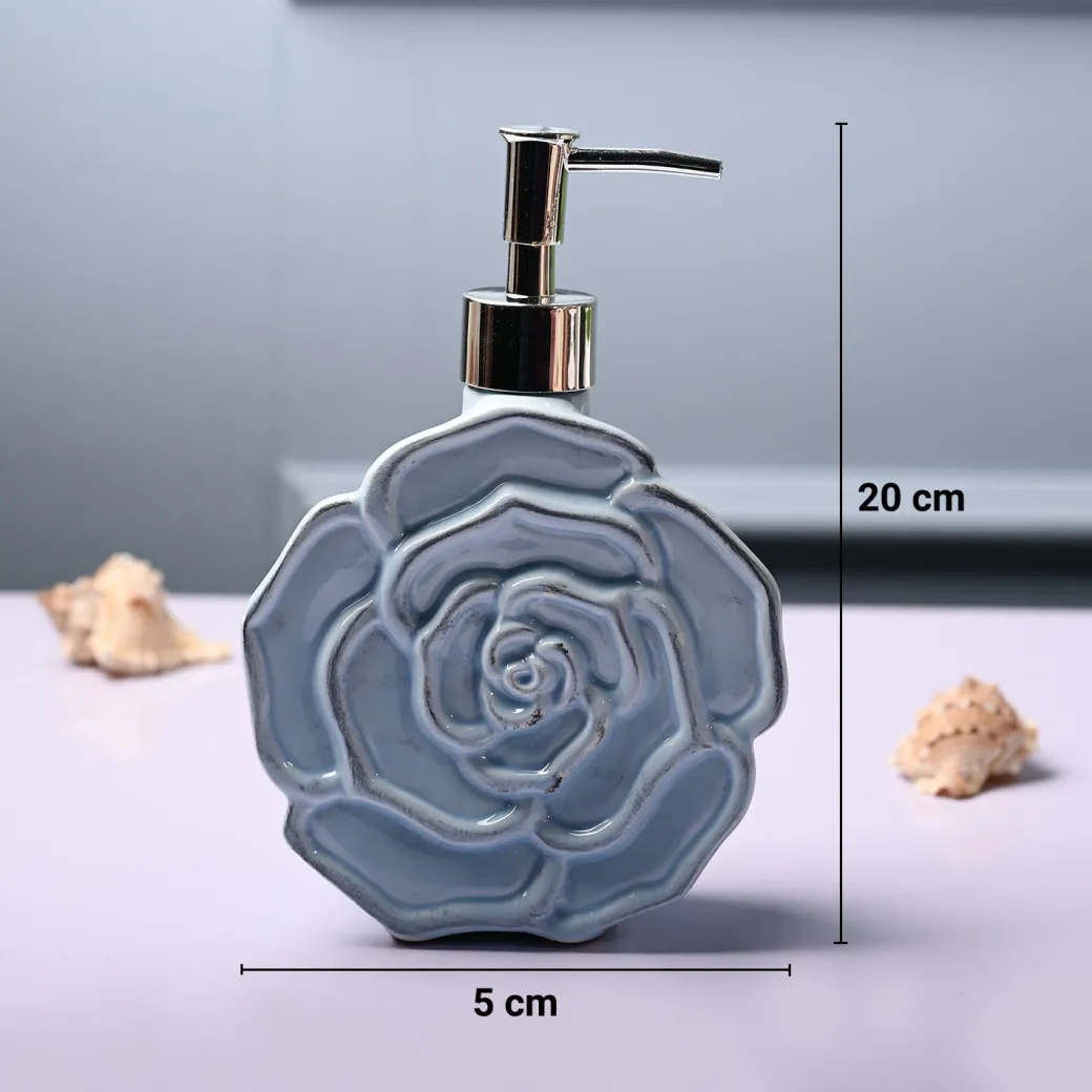 Ceramic Blue Rose Shaped Soap Dispenser - Flower Design Matte Finish