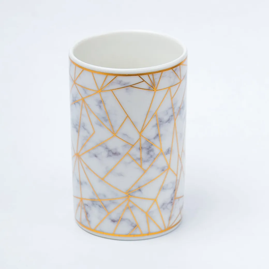 Ceramic Cylindrical Bathroom Set Of 4 - Geometric Pattern, Bath Accessories